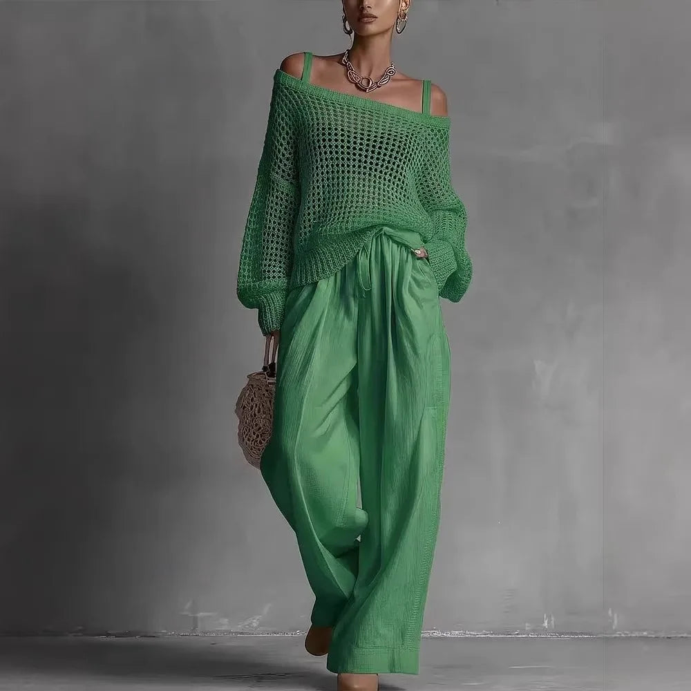 Green off-shoulder crochet top and matching drawstring wide-leg pants set