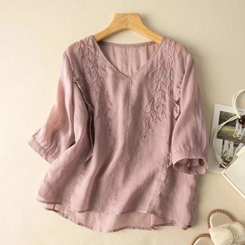 Lilac cotton-linen loose top with leaf embroidery and short sleeves