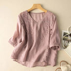 Lilac cotton-linen loose top with leaf embroidery and short sleeves