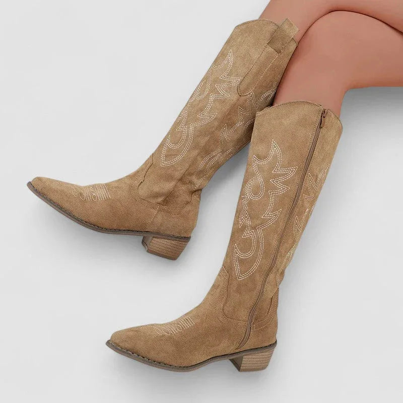 Orthopedic western boots, tan suede with stitched embroidery, pull-on mid-calf