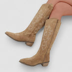 Orthopedic western boots, tan suede with stitched embroidery, pull-on mid-calf