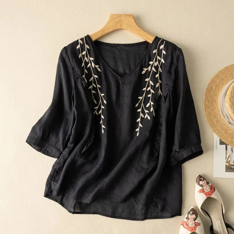 Navy cotton-linen loose top with embroidered leaf V-neck and short sleeves