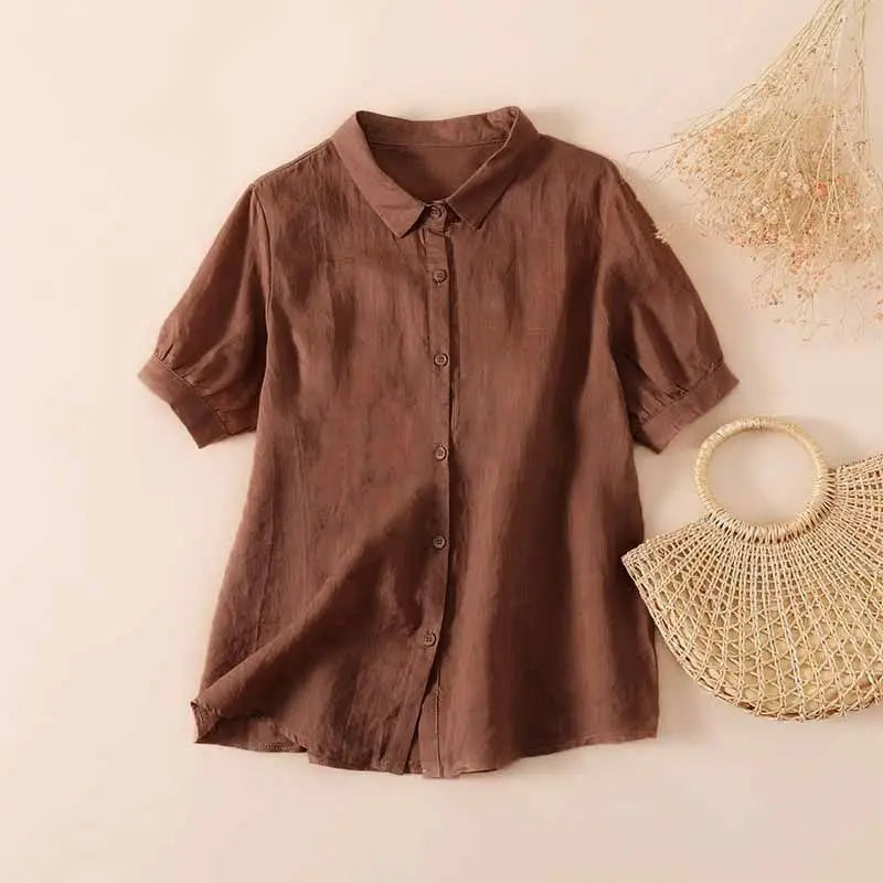 Brown short-sleeve button-up shirt with collar and front placket