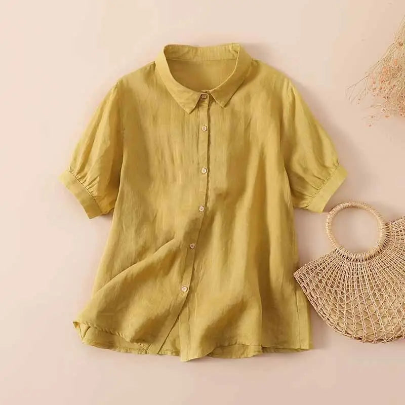 Yellow short-sleeve button-up shirt with collar and button front placket