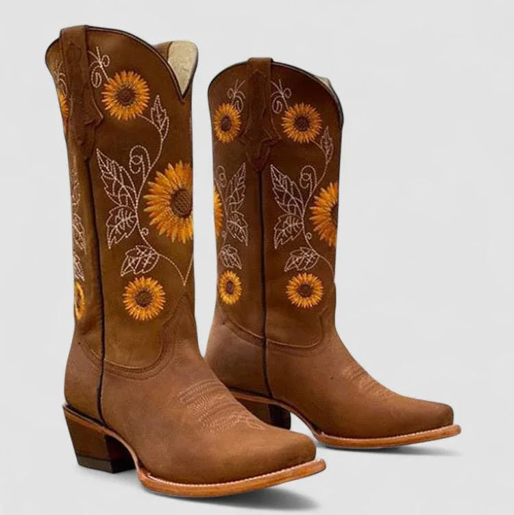 Brown western boots with sunflower embroidery, mid-calf height, low block heel