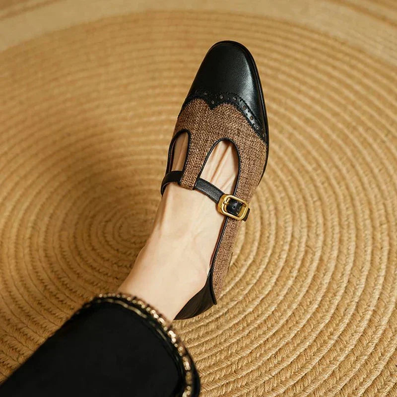 Vintage T-strap shoes, black leather and tan woven upper with gold buckle strap