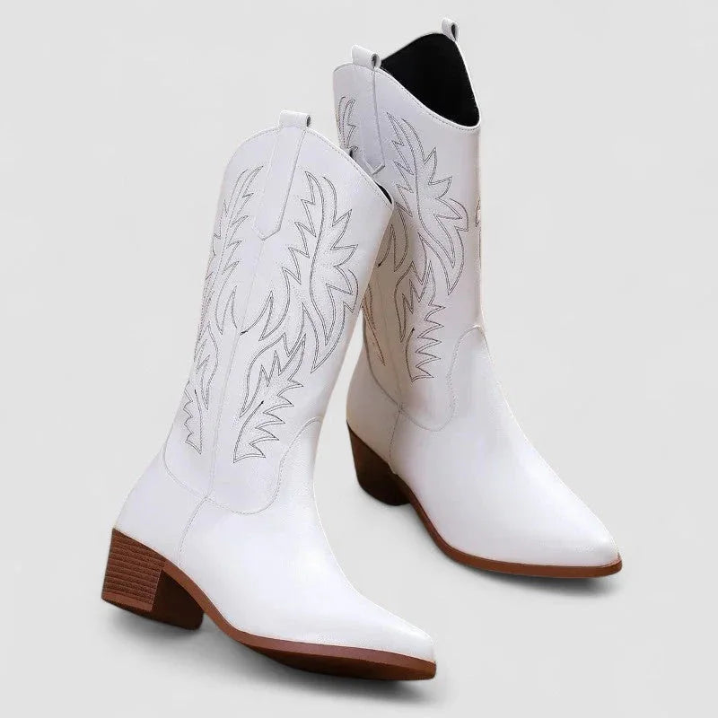 White orthopedic western boots with leaf embroidery and dark elastic gore panels