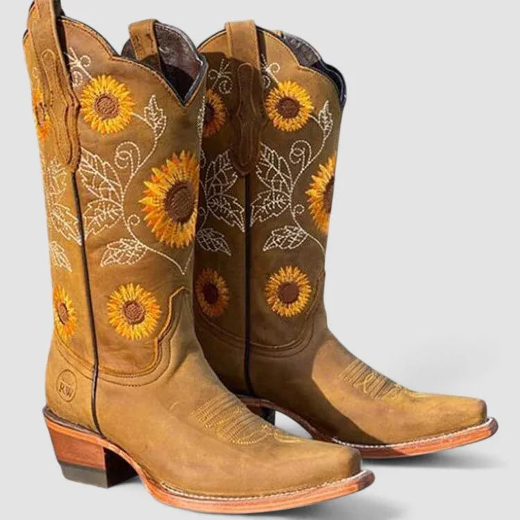 Khaki suede western boots with sunflower embroidery, almond toe, low block heel