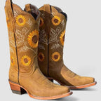 Khaki suede western boots with sunflower embroidery, almond toe, low block heel