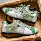 Retro sneakers in a box: white and light green with green lace-up style