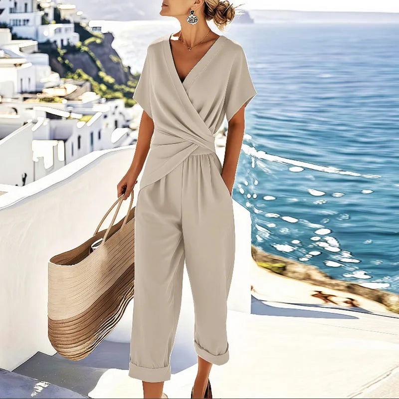Cream wrap V-neck short-sleeve two-piece set with wide-leg pants and belted waist