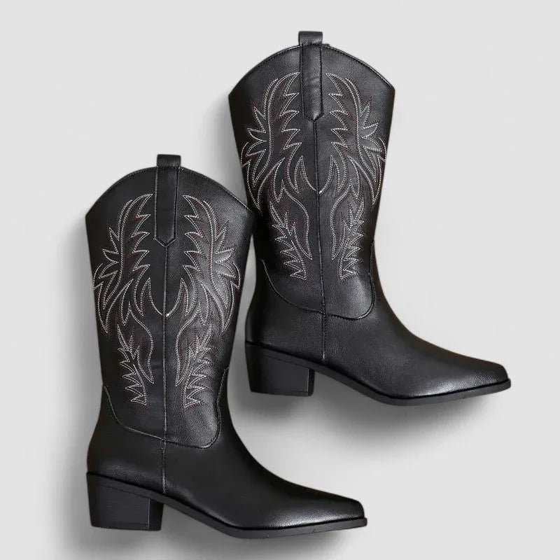 Black orthopedic western boots with leaf-embroidered uppers and square toe