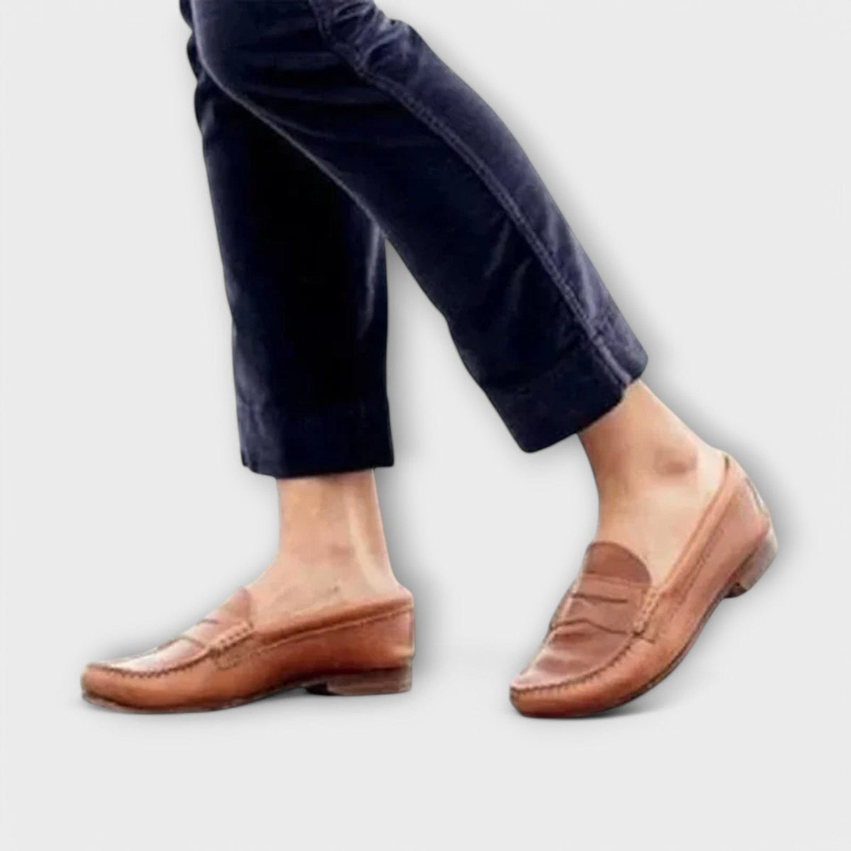 Women's classic loafers, light tan slip-on with flat heel and seam stitching