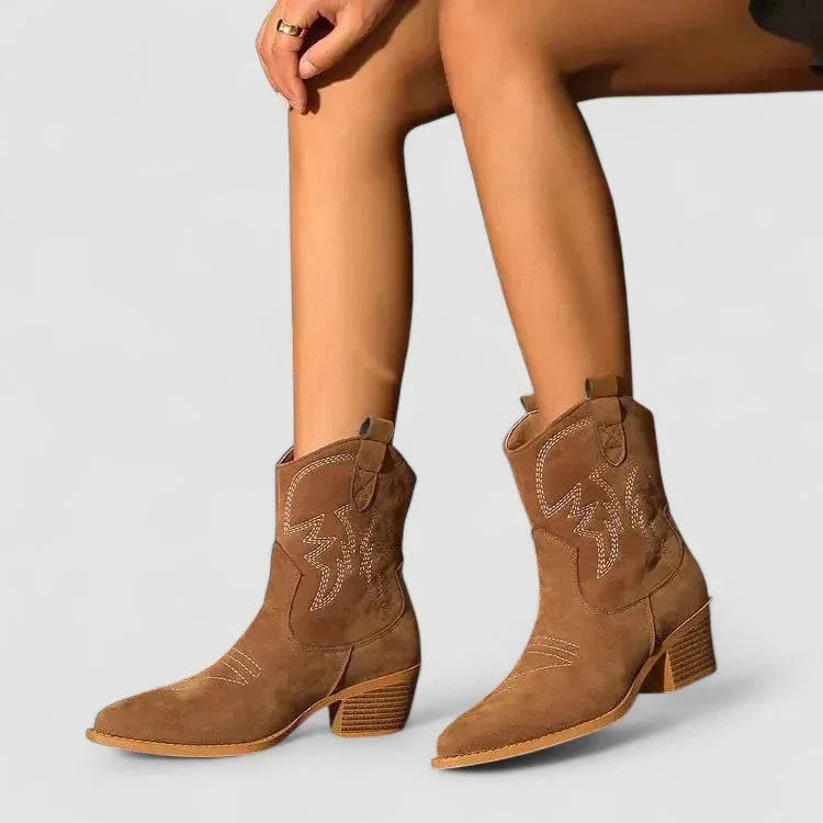 Brown western mid-heel boots with pull-on tab and decorative stitched emblem