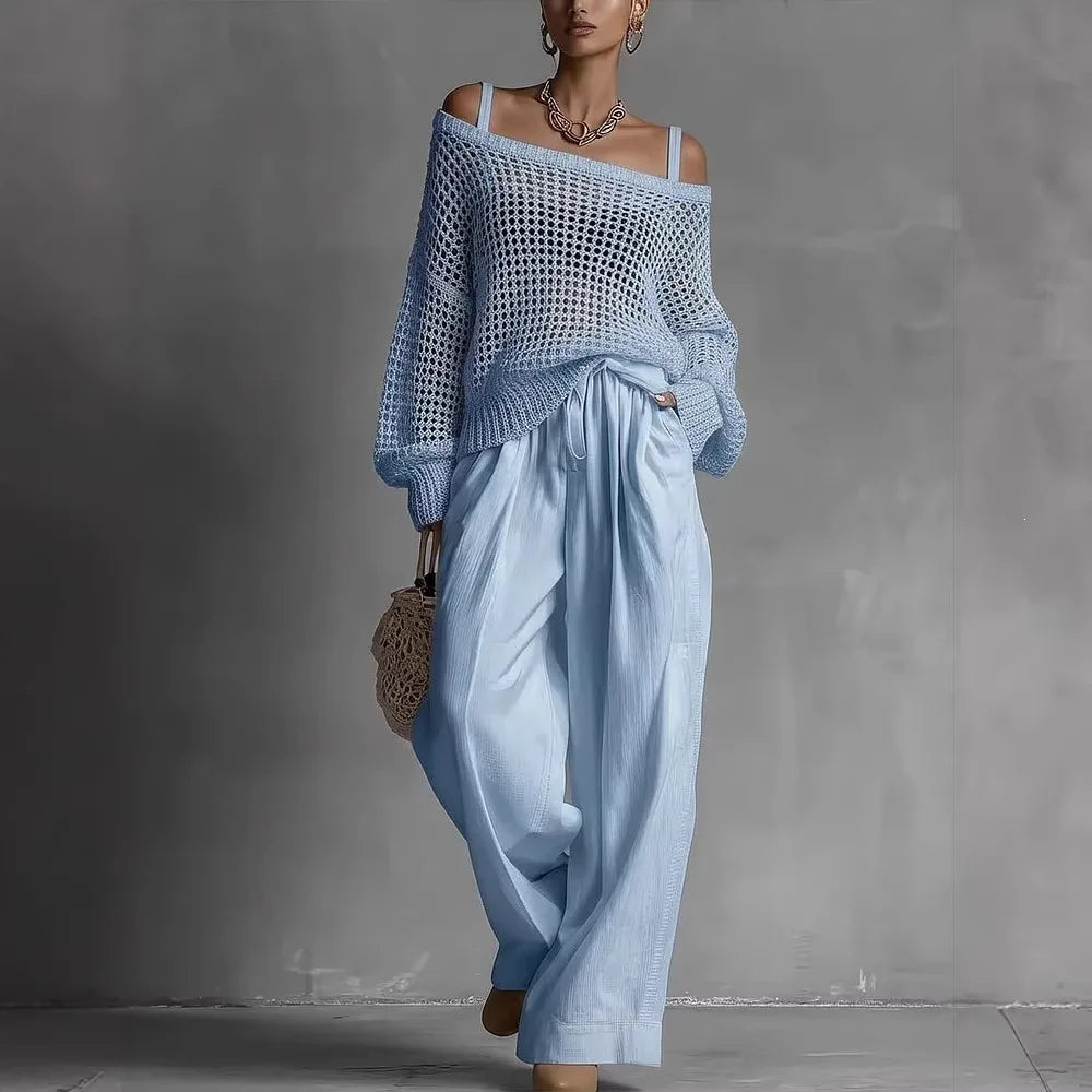 Light blue off-shoulder crochet top and matching drawstring wide-leg pants set