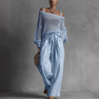 Light blue off-shoulder crochet top and matching drawstring wide-leg pants set