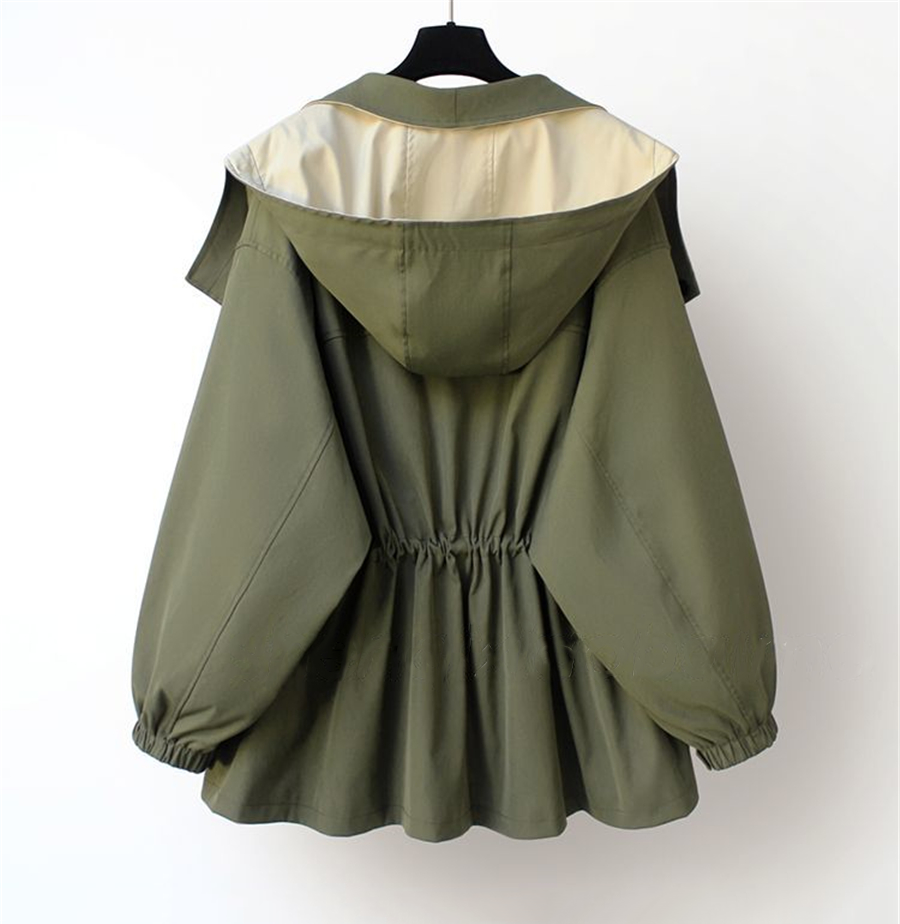 Green windbreaker jacket back view with attached hood and gathered waist