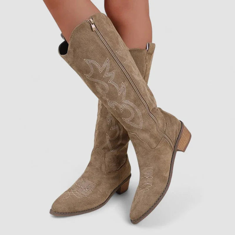 Orthopedic western boots, taupe suede with embroidered design, full side zipper