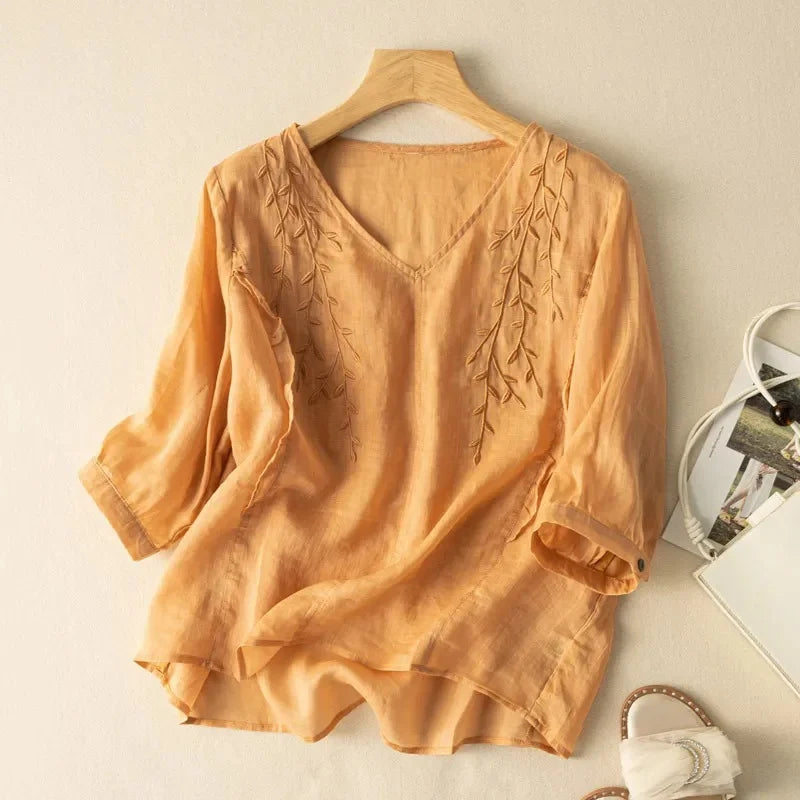 Orange cotton-linen loose top with embroidered leaf accents and short sleeves