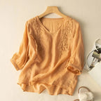 Orange cotton-linen loose top with embroidered leaf accents and short sleeves