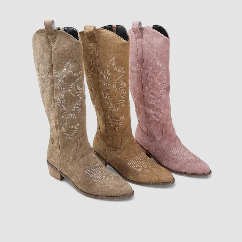 Orthopedic western boots in beige, khaki, and pink, embroidered mid-calf pull-on
