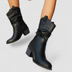 Black leather orthopedic ankle boots with ruched shaft and block heel