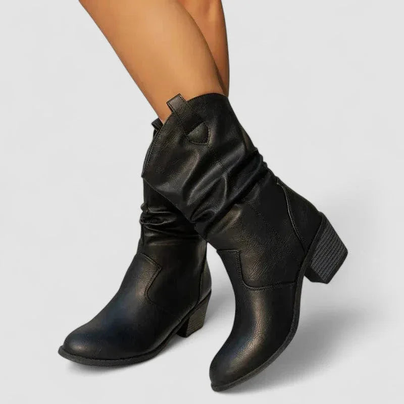Black leather orthopedic ankle boots with ruched shaft and mid block heel