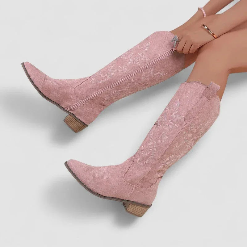 Orthopedic western boots, pink suede pair, embroidered design, low block heel
