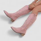 Orthopedic western boots, pink suede pair, embroidered design, low block heel