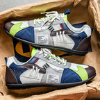 Retro sneakers in a box: white, navy blue, green and brown with white laces