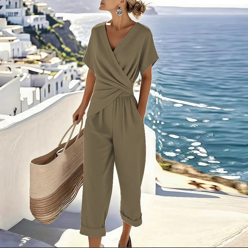 Khaki wrap V-neck short-sleeve two-piece set with wide-leg pants and belted waist