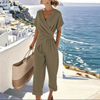 Khaki wrap V-neck short-sleeve two-piece set with wide-leg pants and belted waist