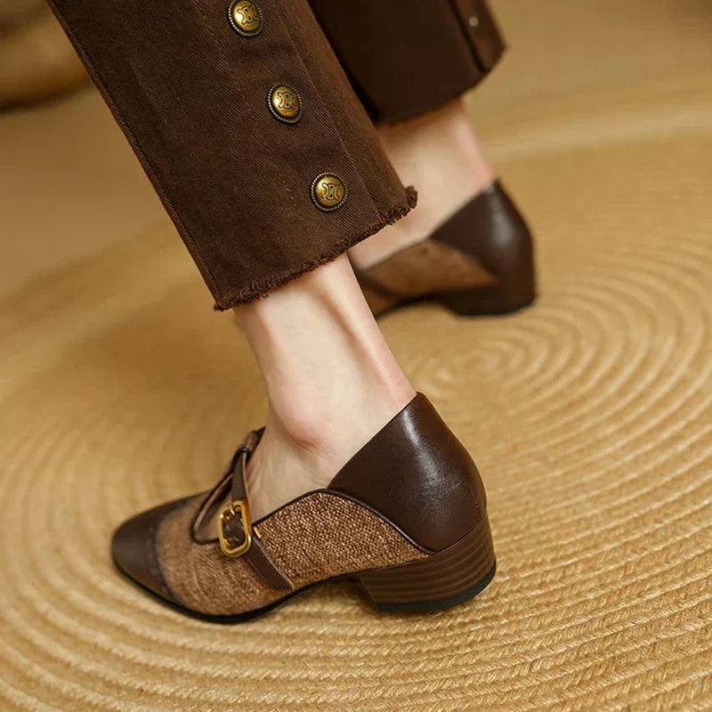 Vintage T-strap shoes, brown leather back and tan woven vamp with gold buckle