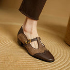 Vintage T-strap shoes, dark brown leather with tan woven toe panel and gold buckle