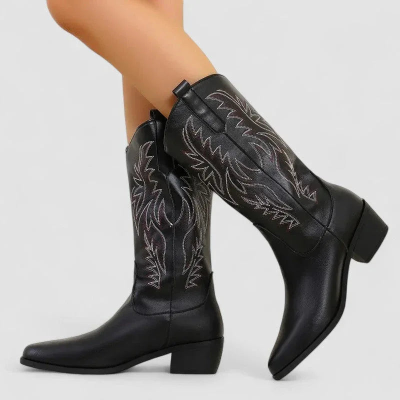 Black orthopedic western boots with leaf embroidery and mid-height block heel