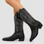 Black orthopedic western boots with leaf embroidery and mid-height block heel