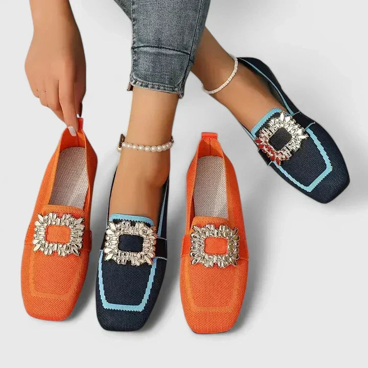 Comfort support loafers in orange and dark blue with gold jeweled strap detail