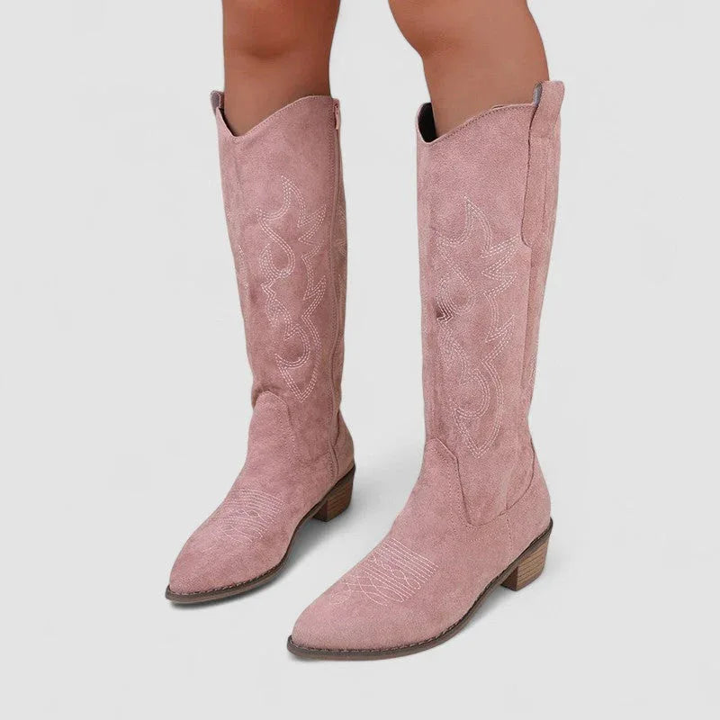 Orthopedic western boots, pink suede with embroidered patterns, pull-on mid-calf
