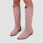 Orthopedic western boots, pink suede with embroidered patterns, pull-on mid-calf