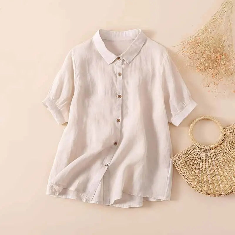 White short-sleeve button-up shirt with collar and button front placket