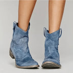 Blue suede orthopedic boots with pull tabs and block heel