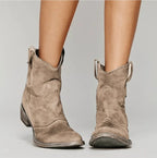 Brown suede orthopedic boots with pull tabs and block heel
