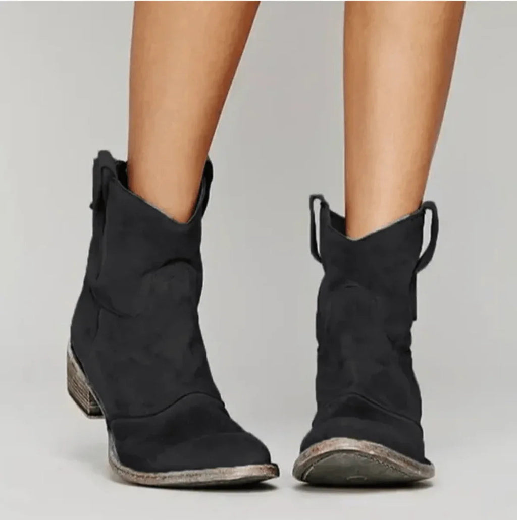 Black suede orthopedic boots with pull tabs and block heel