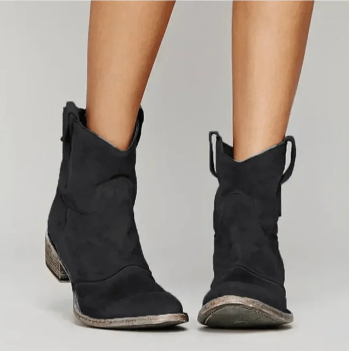 Black suede orthopedic boots with pull tabs and block heel