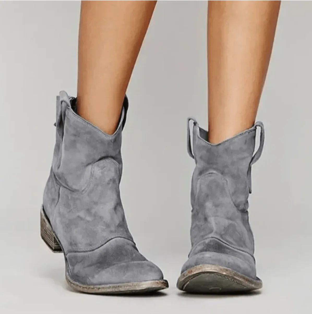 Gray suede orthopedic boots with pull tabs and block heel
