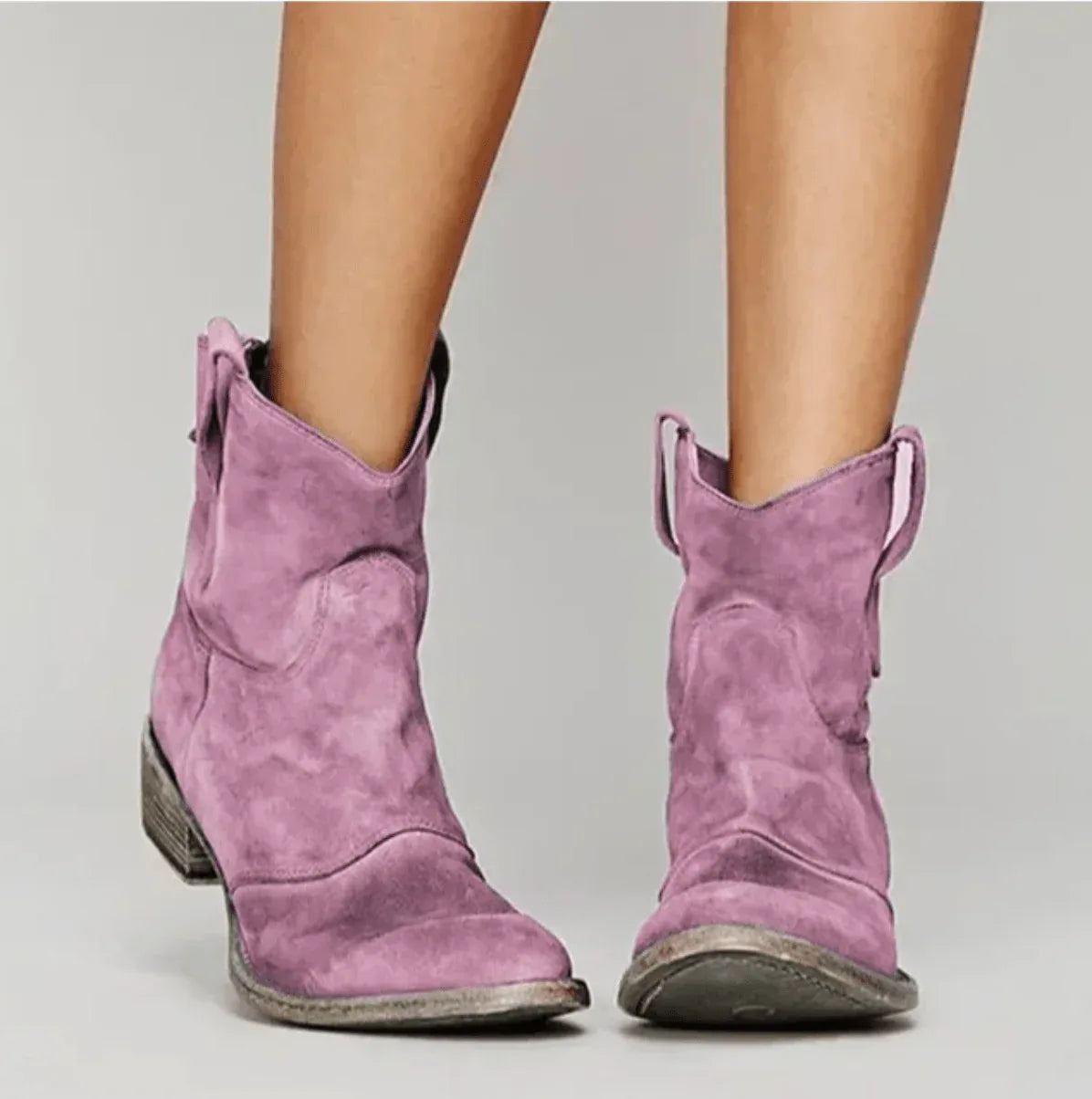 Pink suede orthopedic boots with pull tabs and block heel