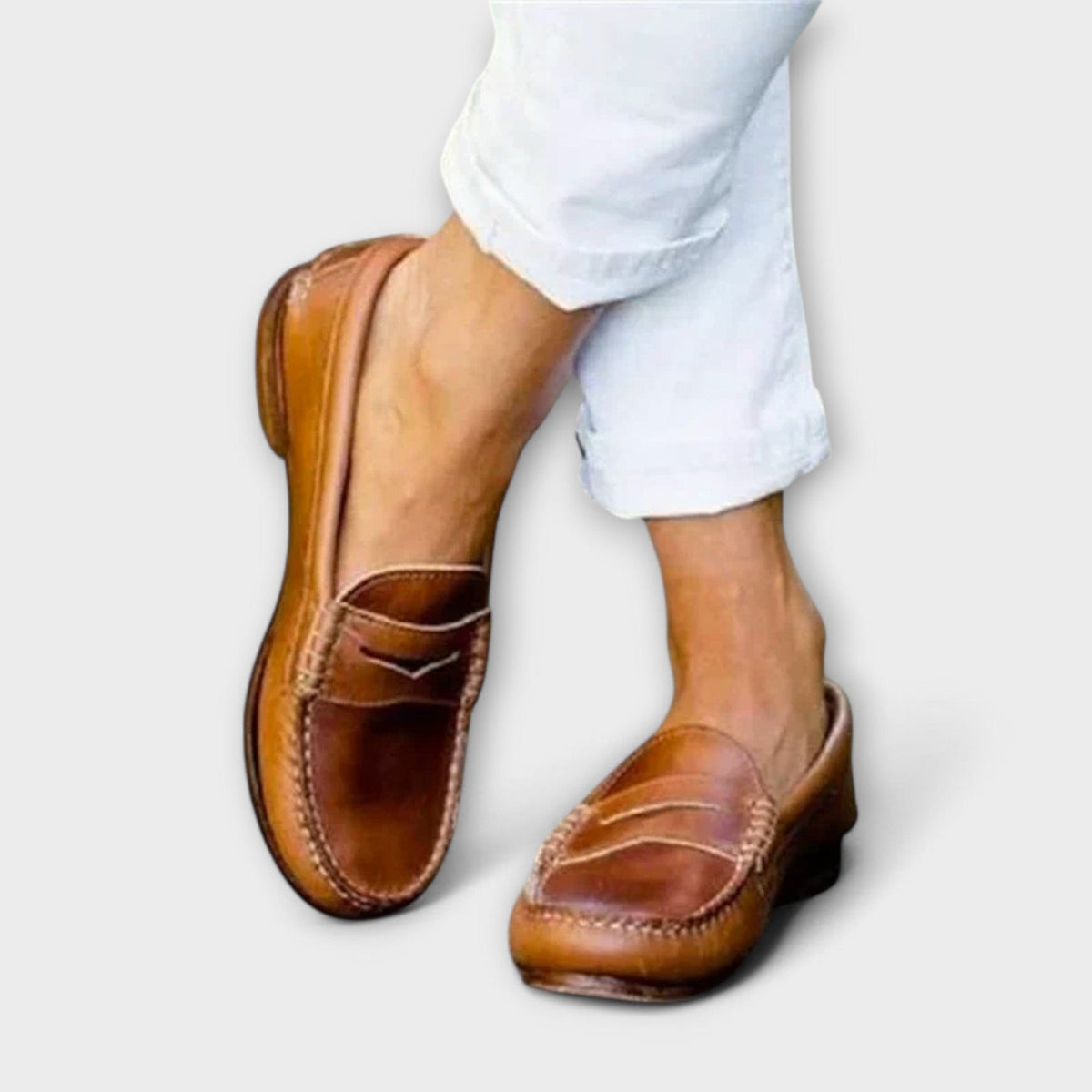 Women's classic loafers, brown leather slip-on with strap-like stitching