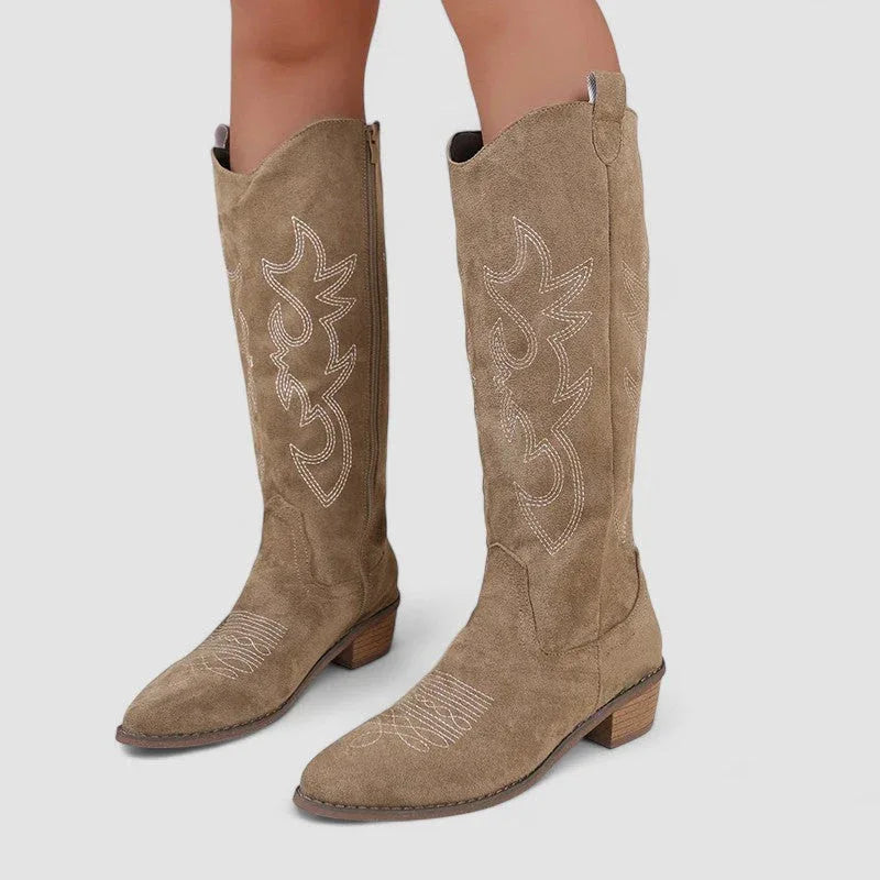Orthopedic western boots, taupe suede with embroidered motifs, pull-on mid-calf