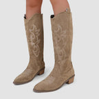 Orthopedic western boots, taupe suede with embroidered motifs, pull-on mid-calf