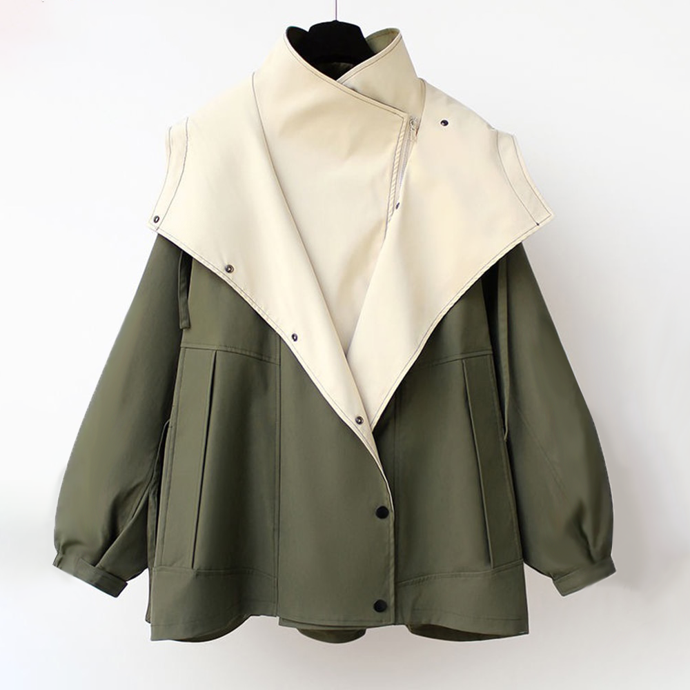 Two-tone windbreaker jacket with cream hood and olive body, button-front